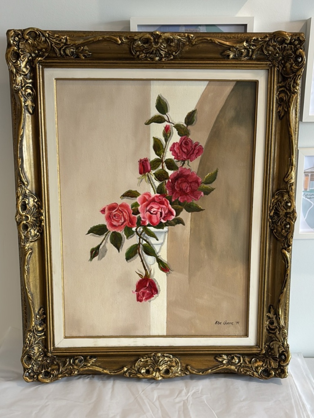 Vintage Abe Goerz signed oil painting floral rose design ornate gold frame 1979